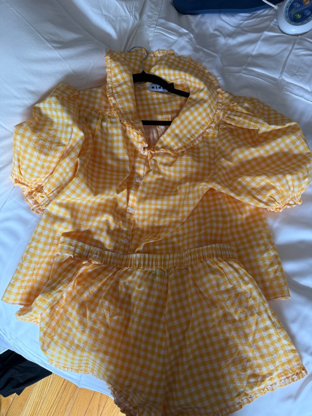 RIXO Yellow Gingham Ruffle Collar Top & Shorts Set